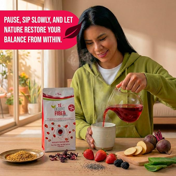 Fiber Plus – Digestive Support Tea Blend with Yellow Tea Flaxseed Chia &amp Aloe Vera. Natural Fiber &amp Herbal Infusion with Strawberry BlackBerry &amp Beetroot. Stevia Sweetened - 30 Servings