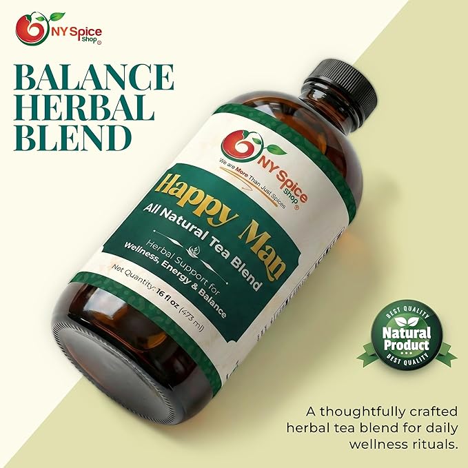 NY Spice Shop Happy Man Herbal Tea Blend - All-Natural Beverage For Everyday Use - Plant-Based Infusion Crafted With Natural Ingredients - Liquid Tea Concentrate - 16 Ounce Bottle (3 Count)