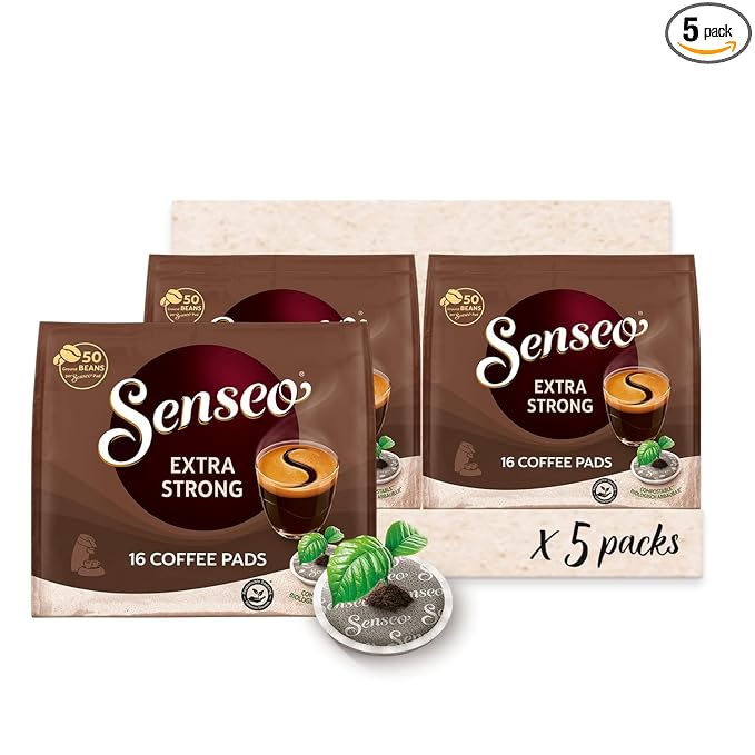 Senseo Extra Strong Dark Roast Coffee Pods 16 Count (Pack of 5) - Single Serve Coffee Pods Bulk Pack for Senseo Coffee Machine - Compostable Coffee Pods for Hot or Iced Coffee Cold Brew Coffee