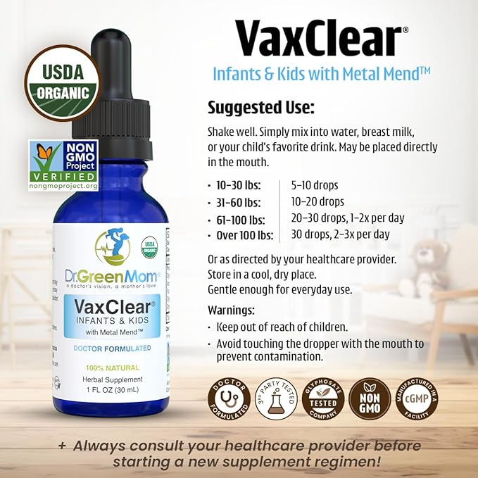 Dr. Green Mom Organic VaxClear with Metal Mend Herbal Heavy Metal Detox Drops for Kids and Infants with Chlorella Turmeric Cilantro and Milk Thistle to Cleanse and Support Immune Response