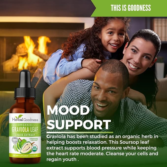 Herbal Goodness Organic Soursop Graviola Leaf Extract 1oz – 15X Concentrated Guanabana Liquid Tincture | USDA Organic &amp Kosher Certified | Supports Cell and Immune Wellness | Soursop Bitters Liqui