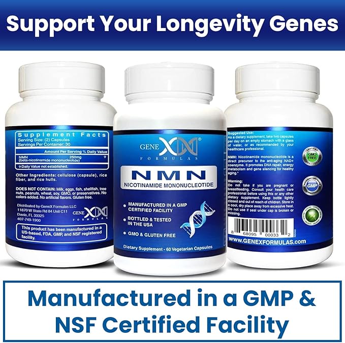 Genex Formulas NMN 250mg Supplements (4 Pack) - 99% Pure Shelf Stabilized Supplement Capsules for Increased NAD Levels &amp Healthy Aging GMP Certified 4 Month Supply