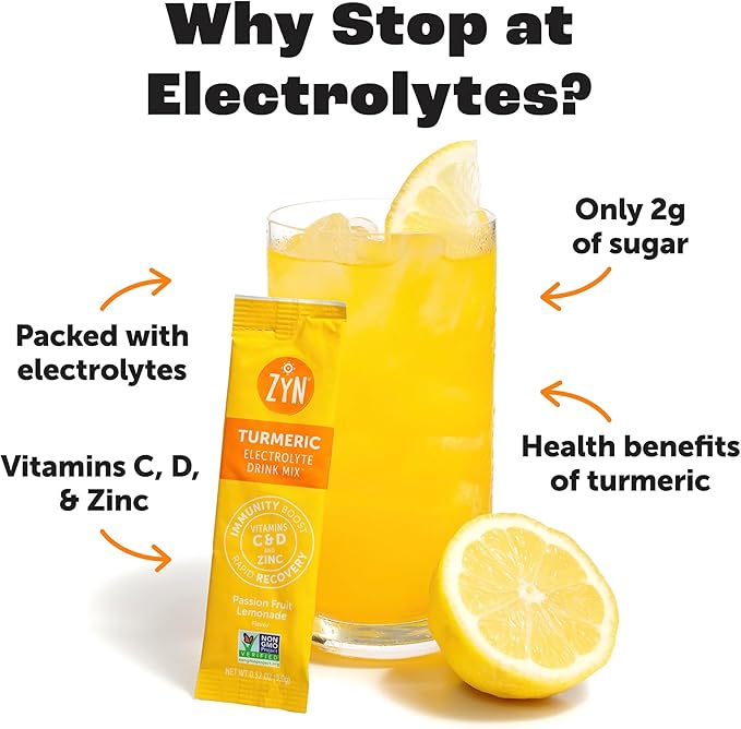 ZYN Electrolytes Powder Hydration Packets with Vitamins Zinc &amp Turmeric Curcumin for Gut Health Immune Support Low Sugar Electrolyte Drink Mix Packets with Piperine Passion Fruit Lemonade 16