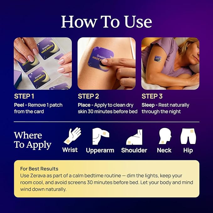 Zerava Sleep Patch For Adults | Natural Sleep Aid For Tired Adults &amp Busy Parents | Comfort Feel That Holds All Night | 8-Hour Slow Release | Non-Habit Forming | Easy On &amp Off | 28 Patches | L