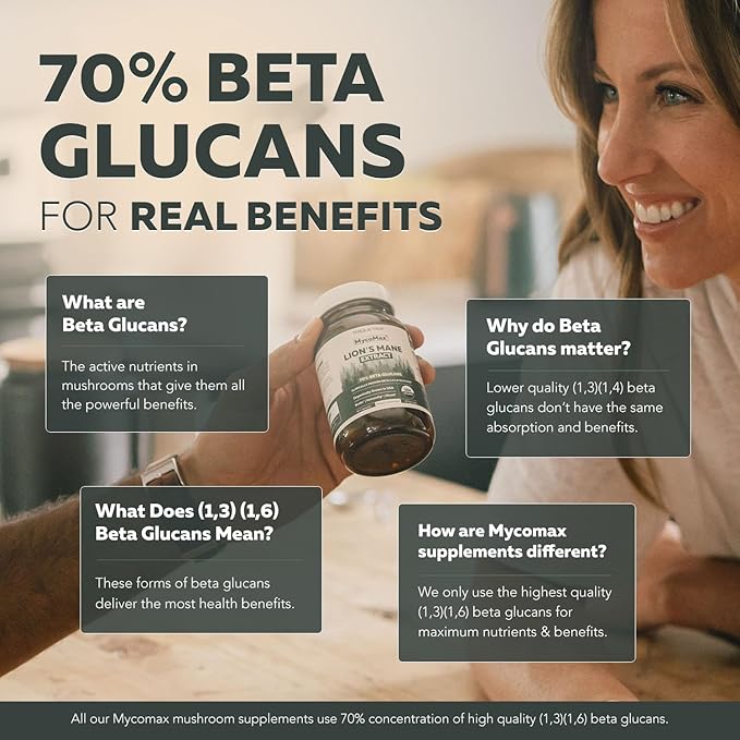 MycoMax Lions Mane Supplement - 70% Beta Glucans Max Potency Organic Lion’s Mane Extract US Grown + Ultrasonic Extraction - 500 mg serving - Supports Mental Clarity Focus and Memory - 60 Capsules