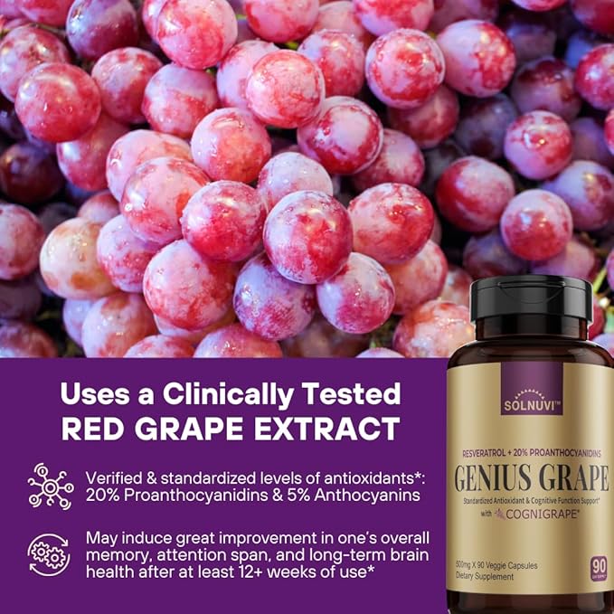 Resveratrol Complex Supplement 1500mg with Clinically Tested Cognigrape Red Grape Extract 20% Proanthocyanidins - Antioxidant &amp Brain Health Support - 90 Veggie Capsules Non-GMO Gluten-Free Veg