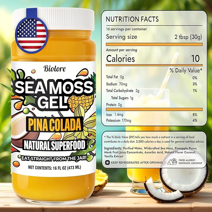 Biolore Pina Colada Sea Moss Gel 16 oz - No Added Sugar Vegan Made in USA - Wildcrafted Sea Moss Superfood with 92 Essential Vitamins - Ready to Use No Prep Needed
