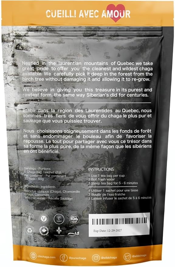 Premium 100% Wild Harvested Chaga Mushroom &amp Chamomile Combo - 30 Tea Bags
