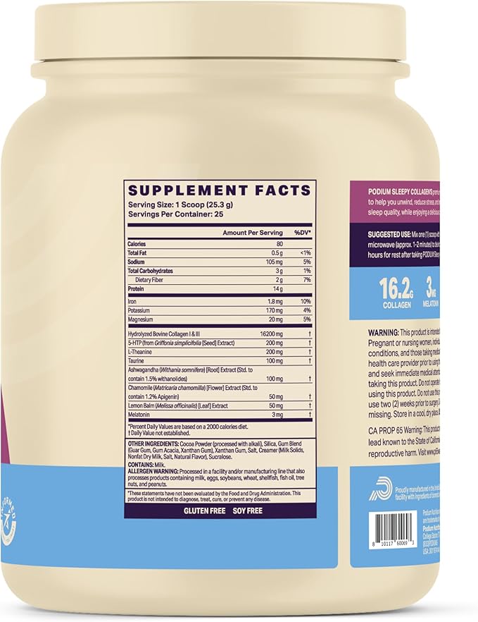 Podium Nutrition Sleepy Collagen with Melatonin Hot Chocolate 25 Servings Collagen Protein Gluten Free Soy Free