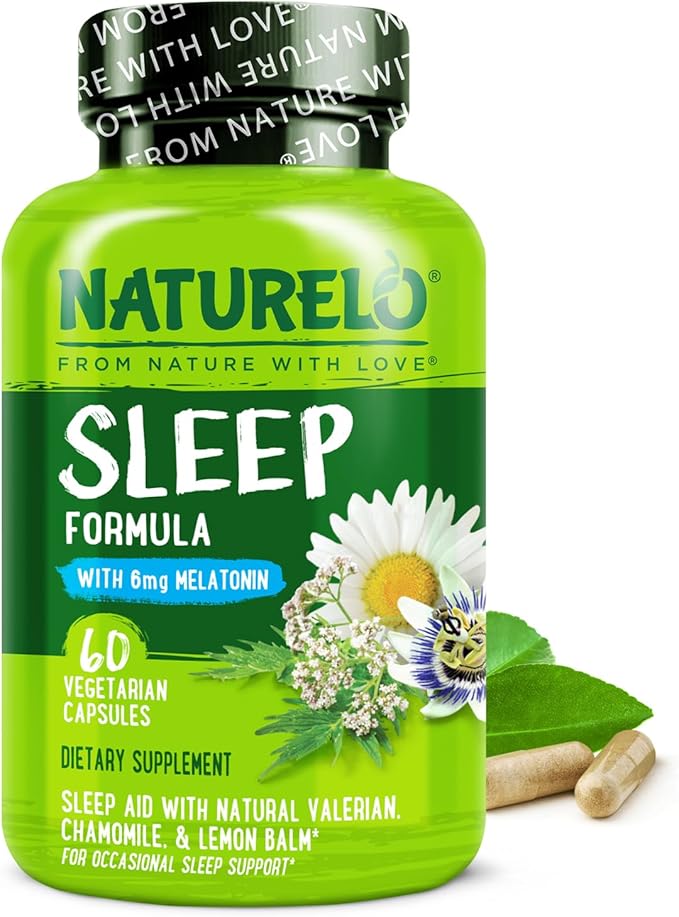 NATURELO Sleep Aid - with Melatonin Magnesium GABA Valerian Root Lemon Balm Chamomile Herbal Extracts - Plant-Based Sleeping Aid - 60 Vegan Capsules