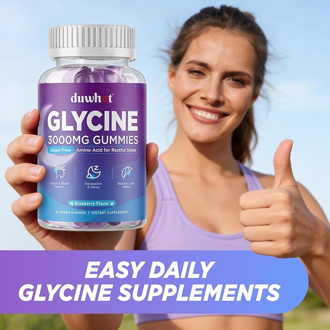 Glycine Gummies 3g(3000 mg) Glycine Supplements for Sleep Detox Relax Nerve Support Blueberry Flavor Sugar-Free Vegan Non-GMO Gluten-Free 60 Ct.