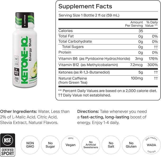Ketone-IQ Ketone Energy Shots - 100mg Green Tea Caffeine 5g Exogenous Ketones and B Vitamins - 24 On The Go Caffeine Shots - Fast Acting Energy Drink (Green Apple)