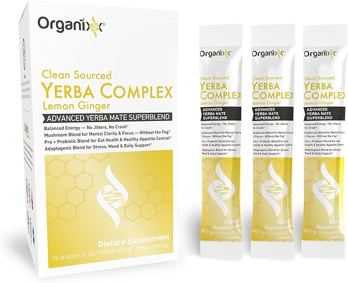 Organixx Clean Sourced Yerba Complex Yerba Mate Superblend Powder Drink Mix With Ashwagandha Natural Caffeine Pre &amp Probiotics &amp Fiber Dairy and Gluten Free Lemon Ginger 15 Travel Packe