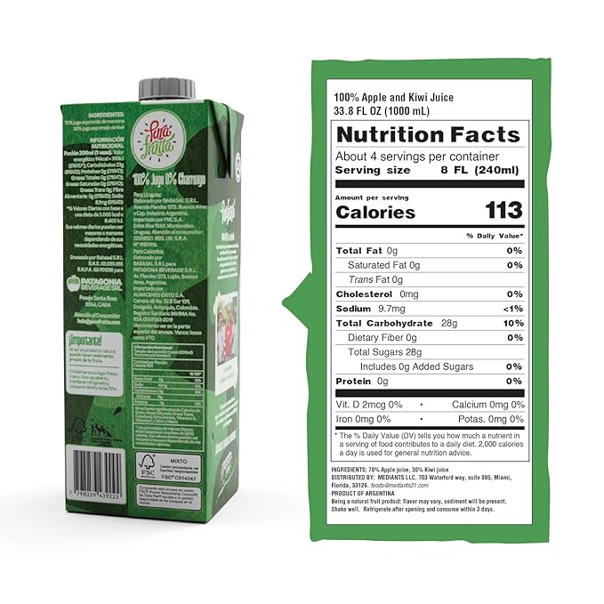 Pura Frutta - Apple Juice with Kiwi - 33.8 fl oz (1L) 8 Pack Box - 100% Natural &amp Cold-Pressed Not From Concentrate (NFC) No Sugar Added - Patagonia Apple - Seasonal Blend with 70% Apple &amp