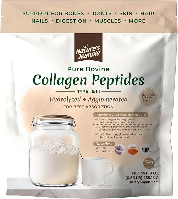 Nature's Jeannie Agglomerated &amp Pure Hydrolyzed Collagen Peptides Powder - Type 1 &amp 3-9 oz - Support Nails Joints Muscle Health - Unflavored Grass Fed Bovine Collagen Powder - Colageno Hidro