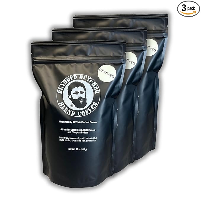 Bearded Butchers Dark Roast Ground Coffee 3-Pack (12oz Each) – Dark Roast Blend of Costa Rican Guatemalan &amp Ethiopian Beans – Smooth Rich Flavor with Hints of Dried Fruit &amp Spice