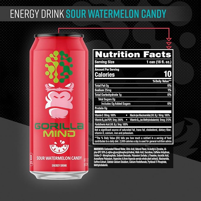 Gorilla Mind Energy Drink | Unmatched Energy · Amplified Focus | N-Acetyl-L-Tyrosine Alpha-GPC 200mg Caffeine Uridine Saffron | 0 Sugar Or Artificial Colors | 16oz 12-Pack (Sour Watermelon Candy)