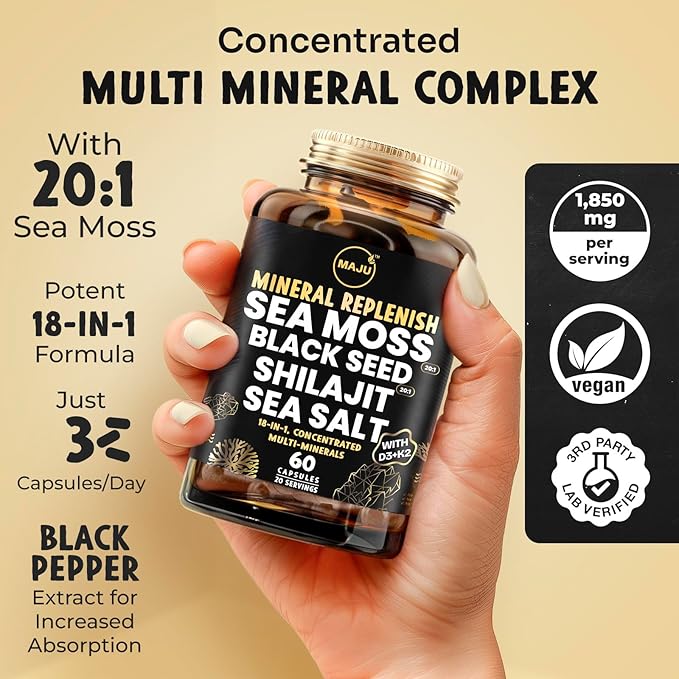 Maju Superfoods 18-in-1 Sea Moss Black Seed Shilajit Sea Salt + D3 &amp K2 Concentrated Extracts Trace Multi Mineral Capsules for Men &amp Women Mineral Electrolytes Supplements
