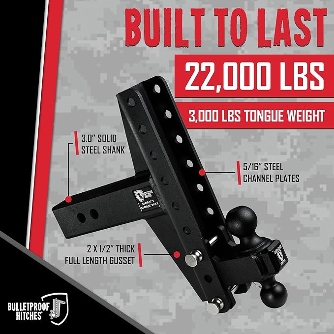 BulletProof Hitches - 3.0 Adjustable Heavy Duty Trailer Hitch (22000 lb. Rating) - Offset 4 &amp 6 Drop/Rise Trailer Hitch with 2 &amp 2-5/16 Dual Ball - Powder Coat Solid Steel Corrosion-Re