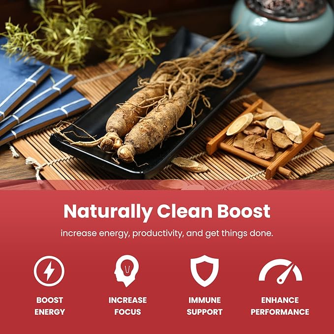 NutraChamps Korean Red Panax Ginseng Capsules | Extra Strength Ginsenosides for Energy Focus Performance Vitality &amp Immune Support | Korean Ginseng Root Extract (120 Red)
