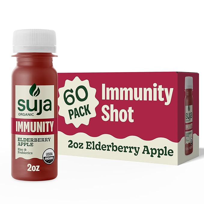 Suja Organic Immunity Elderberry Shot (60 Pack) with Turmeric and Ginger | Immunity Boost &amp Support | Functional Shots | Cold-Pressed Juice with Live Probiotics | Plant-Based &amp Gluten-Free