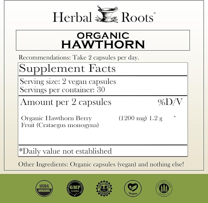 Herbal Roots Organic Hawthorn Berry Capsules | Extra Strength 1200mg per Serving | 60 Vegan Capsules