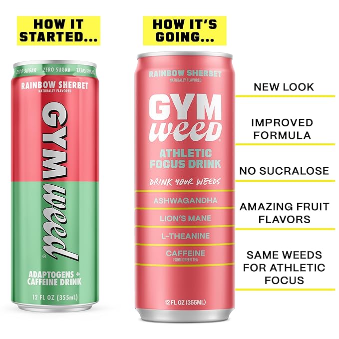 GYM WEED Athletic Focus Drink with KSM-66 Ashwagandha Lion's Mane Mushroom L-Theanine 200mg Green Tea Caffeine with Natural Sweeteners Rainbow Sherbet Flavor 12 Pack