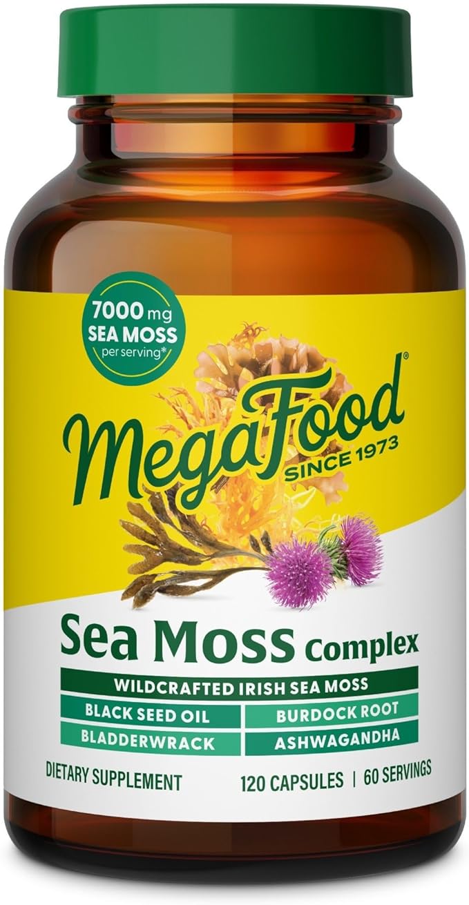 MegaFood Sea Moss Complex - Irish Sea Moss 7000mg Per Serving Plus Black Seed Oil Burdock Root Bladderwrack &amp Ashwagandha - Vegan Gut Health &amp Immune Support Supplement 120 Capsules 60 Ser