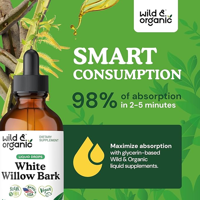 Wild &amp Organic White Willow Bark Tincture - Liquid Supplement for Overall Support - Alcohol &amp Sugar-Free White Willow Extract Drops - Salix Alba Bark - Vegan No Additives - 4 fl oz