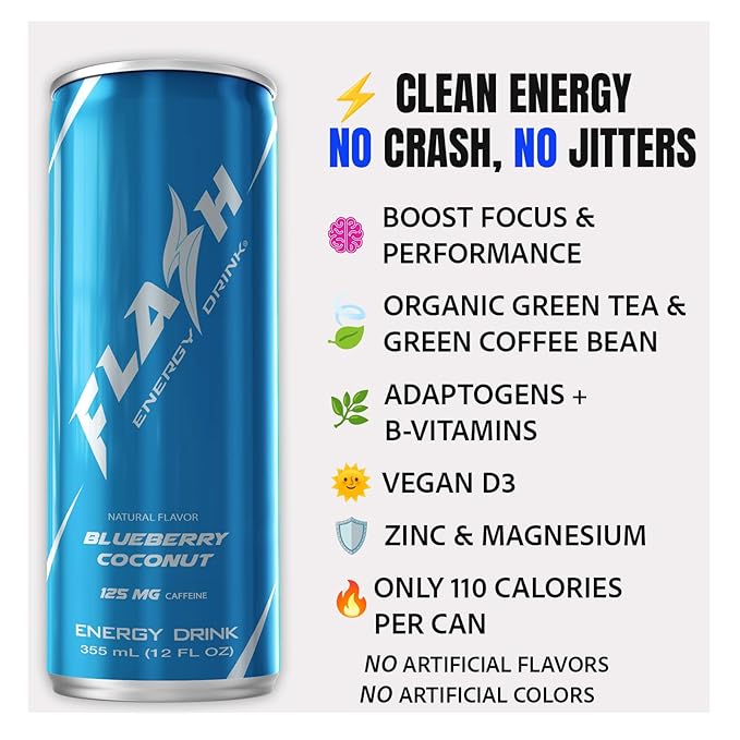 Flash Energy Drink | Elevate your Energy Focus and Performance | Natural | Non-GMO Vegan Gluten-Free Ingredients Organic Green Tea and Green Coffee Bean with 125 mg of Caffeine Enhanced with Es