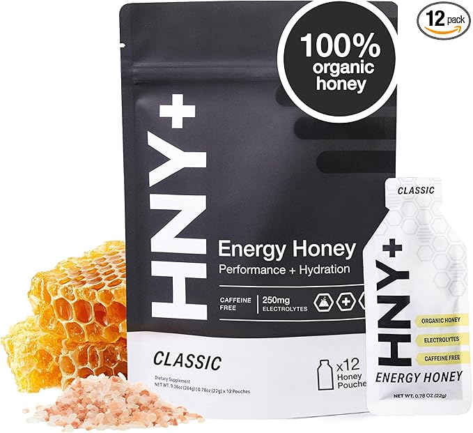 HNY+ Organic Honey Energy Gel with Electrolytes Magnesium Sea Salt &amp Potassium Gluten Free &amp Vegan Workout Gels for Gym Running Cycling &amp Hiking Sports Nutrition Caffeine Free 12