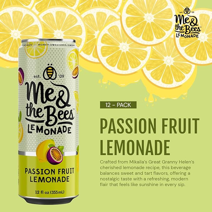 Me &amp the Bees Lemonade Passion Fruit Lemonade Refreshing All-Natural Drink No-Artificial Colors Perfect for Any Occasion (Pack of 12)