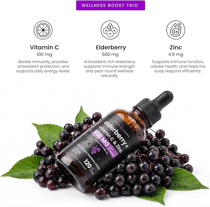 NutraChamps Organic Elderberry Syrup - 5000mg Elderberry Extract with Vitamin C &amp Zinc - Black Elderberry Liquid Drops - Sugar-Free Immunity Booster Vegan Gluten-Free