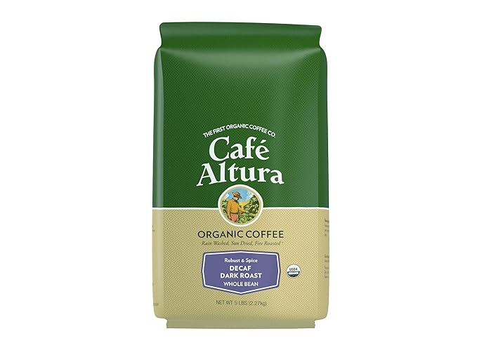 Cafe Altura Whole Bean Organic Coffee Decaf Dark Roast - Water Process 5 lb Bag