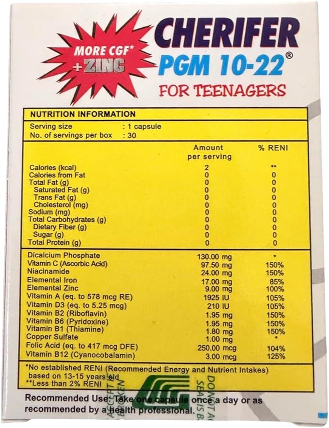 Cherifer PGM 10-22 Capsules with Zinc for Teenagers with Chlorella Growth Factorand Taurine 30 Capsules