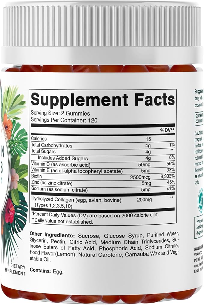 Vitamatic Hydrolyzed Collagen Gummies with Vitamin C Zinc and Biotin 200 mg - Healthy Skin Support - 240 Gummies