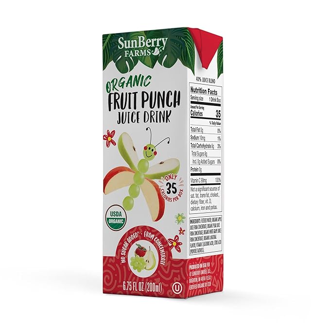Sunberry Farms Organic Variety Pack Juice Boxes 6.75 fl oz (36 Pack) | Apple Fruit Punch &amp Grape | USDA Organic Kids Drinks | No Artificial Flavors or Colors | Lunch Box Ready | Shelf-Stable
