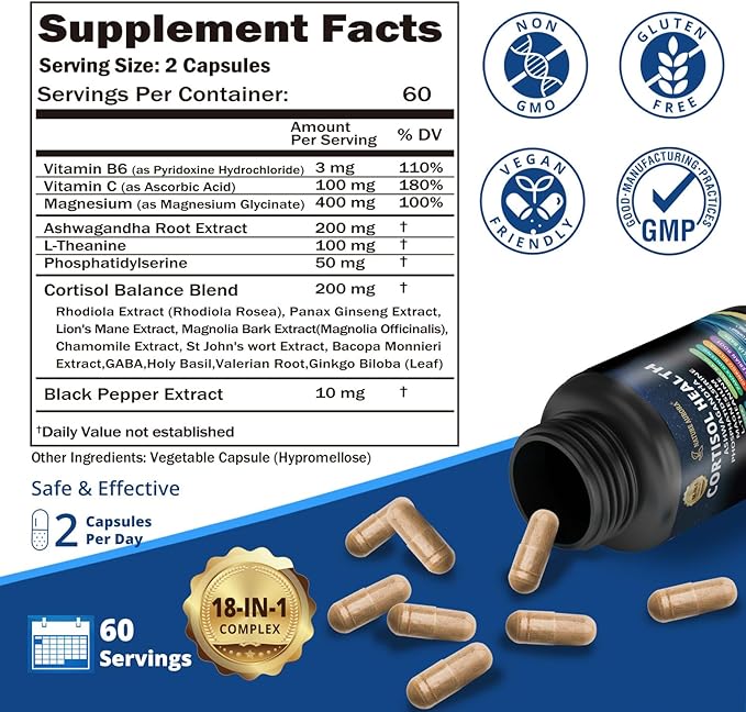 18-in-1 Cortisol Supplements for Women &amp Men Cortisol Reducer Detox Manager with Magnesium Ashwagandha L-Theanine Phosphatidylserine for Mood Sleep Focus Support 120 Capsules