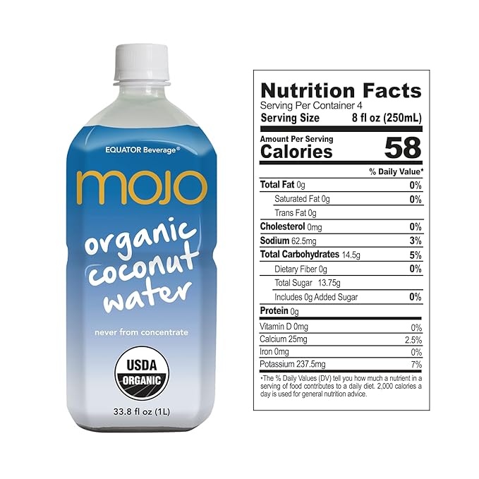 MOJO Organic Coconut Water | Hydration Drink &amp Sports Drink | Electrolytes Beverage 1043 mg | Vitamin B &amp C | Hydration Drink for Skin &amp Body | 33.8 Oz (Pack Of 6)