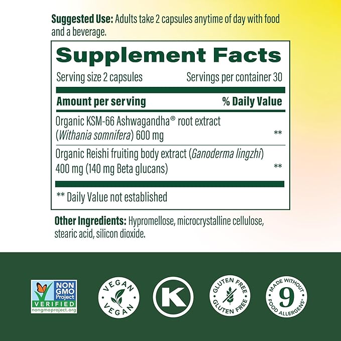 MegaFood Superfood Mushroom Stress Relief - Reishi Mushroom Supplement Clinically Studied to Reduce Stress - Doctor Formulated with Ashwagandha KSM 66 - Vegan Gluten-Free - 60 Capsules 30 Servings