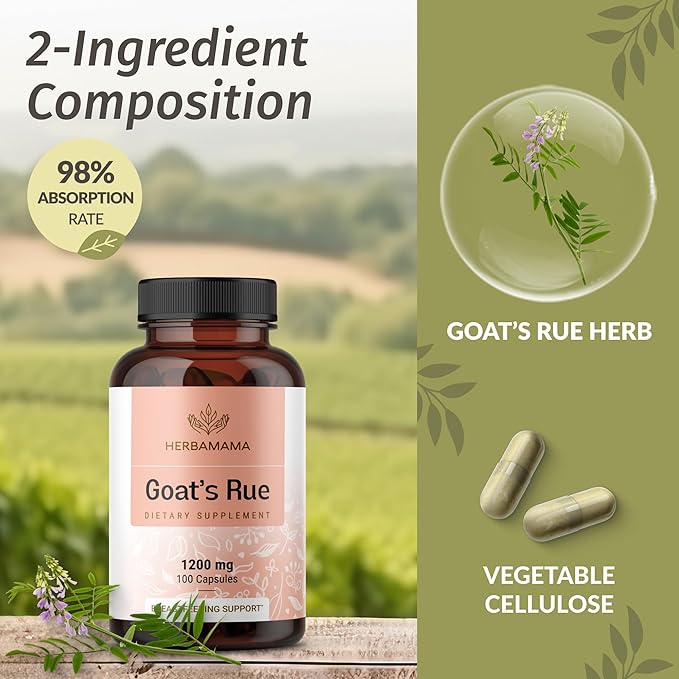 HERBAMAMA Goat's Rue Capsules - 1200mg Galega Officinalis for Mother's Breast Milk Lactation Support - Vegan Non-GMO Goats Rue Herb Lactation Supplement