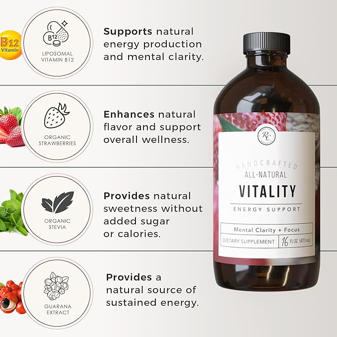 Rowe Casa Organics Vitality Energy Support with Strawberries Guarana &amp Rhodiola Extract – Natural Caffeine Liquid Vitamins for Mental Clarity and Focus – 16
