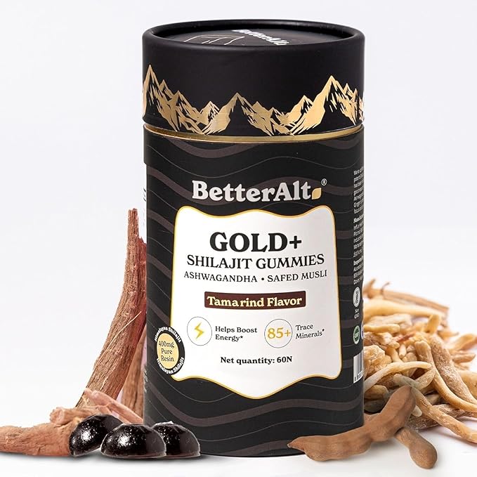 Better Alt Gold+ Shilajit Gummies | with Ashwagandha Safed MusliShilajit Resin &amp Ginger |Helps Boost Energy &amp Improves Stamina |1-Month Dietary Supplement|60 Gummies