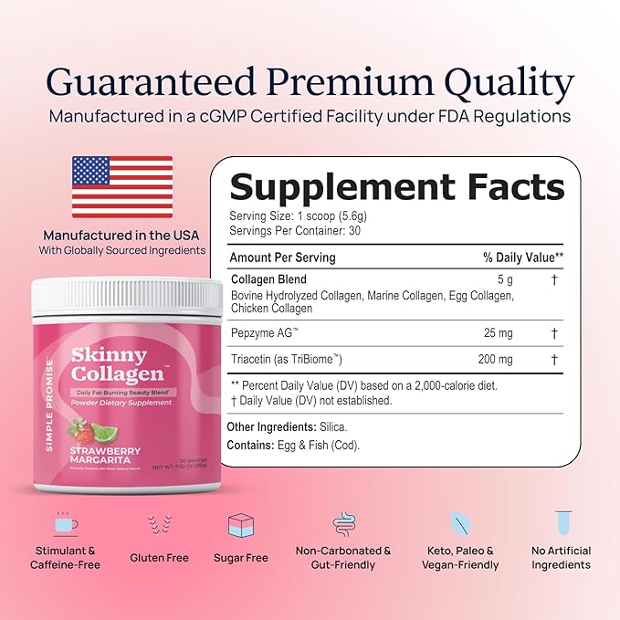Skinny Collagen Weight Loss Supplement - Hydrolyzed Multi-Collagen Peptides Powder Drink - Types I II III V X - Supports Fat Burning &amp Weight Goals For Women - 30 Servings - Strawberry Margari