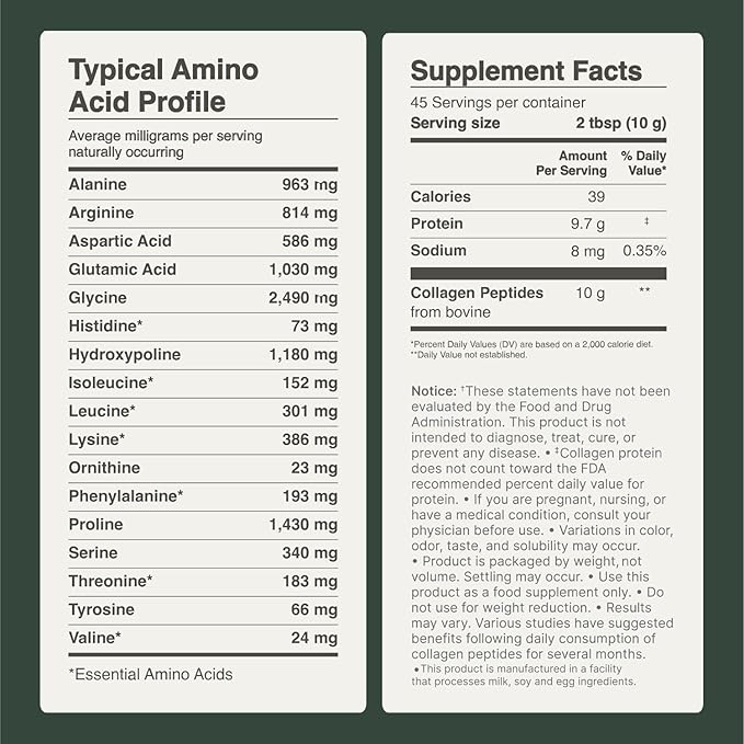 Collagen Peptides Powder Grass-Fed Pasture-Raised Hydrolyzed Collagen Powder Type I &amp III Hair Nails Skin and Joints Non-GMO Paleo &amp Keto Unflavored 16 Fl oz. 45 Servings
