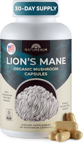 Naturealm Lions Mane Mushroom Supplement Capsules | 30-Day Supply | Organic Brain &amp Immune Support | 100% Fruiting Body Extract No Mycelium | Focus Memory &amp Mental Clarity