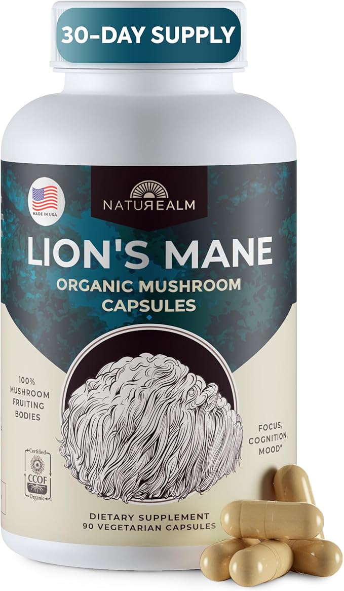 Naturealm Lions Mane Mushroom Supplement Capsules | 30-Day Supply | Organic Brain &amp Immune Support | 100% Fruiting Body Extract No Mycelium | Focus Memory &amp Mental Clarity