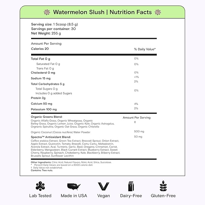 Kiala Nutrition Super Greens Organic Greens Powder with Spirulina &amp Chlorella for Digestion Gut Health Immunity Adaptogens Energy Gluten Free Vegan Sugar Free Watermelon Slush 30 Serving