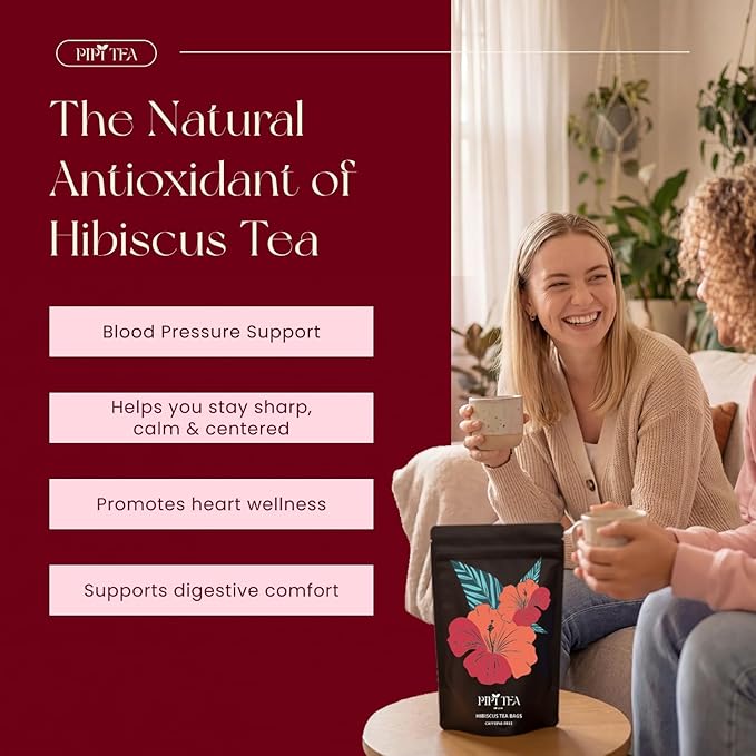 PiPi Tea Organic Hibiscus Tea Bags – Caffeine Free Herbal Tea Rich in Antioxidants Non-GMO &amp Vegan Sourced from Premium Hibiscus Flowers for Daily Wellness &amp Heart Health Support 60g
