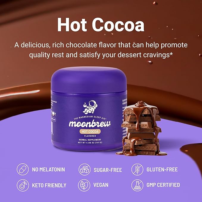 MoonBrew Nighttime Magnesium Hot Cocoa Jar Natural Sleep Aid Drink Mix for Adults - Calming Melatonin-Free Sleep Support - Sleepy Hot Chocolate Powder with L-Theanine Chamomile &amp Zinc Glycinate